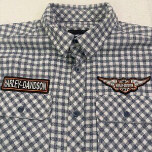 Harley Davidson Men's Plaid Long Sleeve Button Down Blue Embroidered Jared Lang